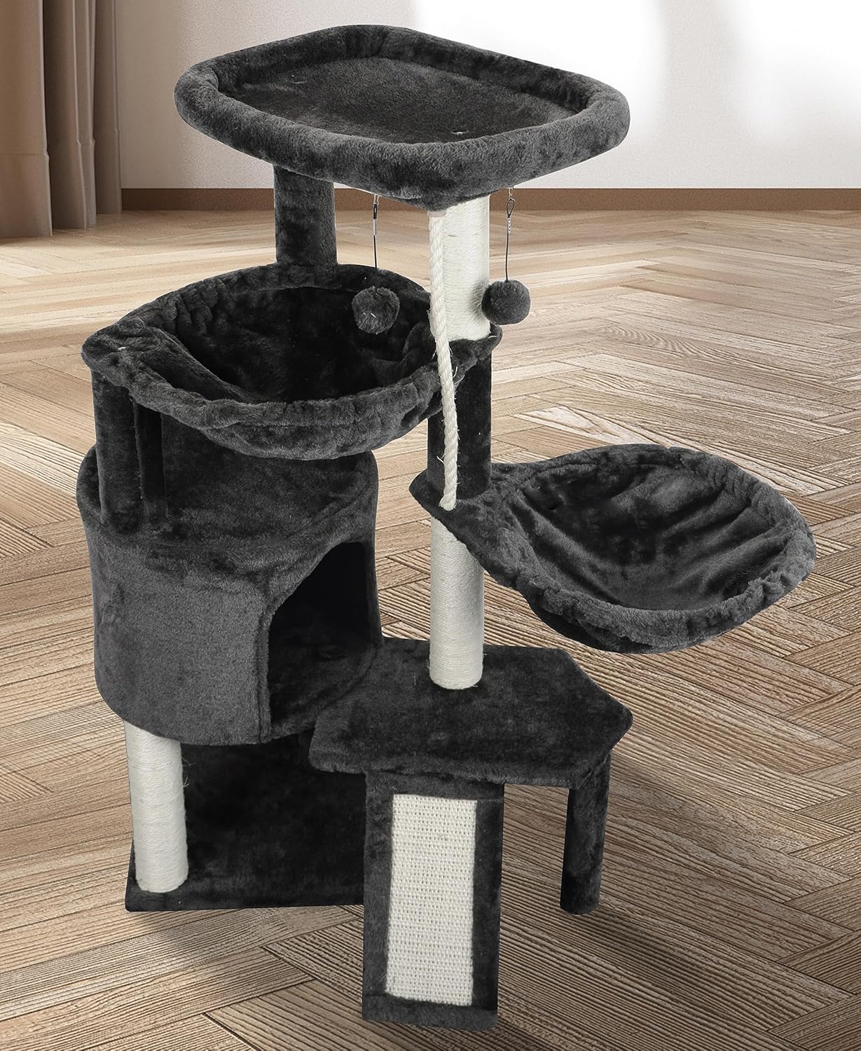 Xin Three Layer Cat Tree with Cat Condo and Two Hammocks, Darkgray C11890