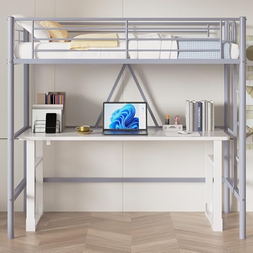VECELO Loft Bed Twin Size Metal Frame with Ladder and Guardrail, Pink B728246