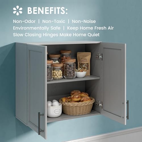Wall Storage Cabinet with Two Shaker Doors and Shelf, Grey, 24"W, 2 Pcs N34755