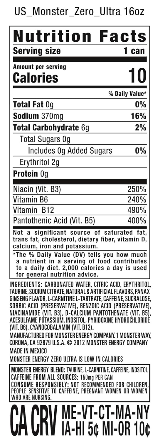 Monster Energy Zero Ultra, 16 Fl Oz, 12 Pack A9304