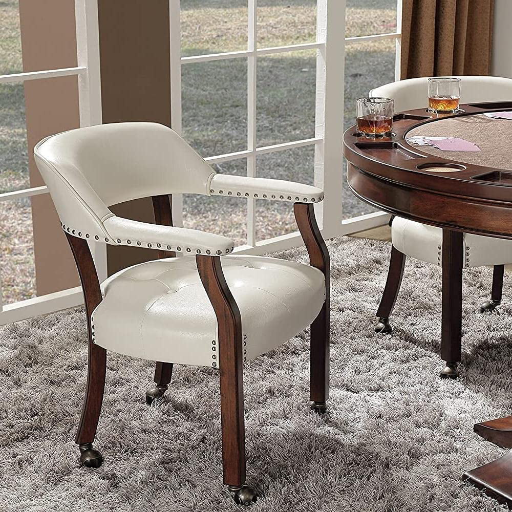 Solid Wood Dining Chairs with Casters and Arms, Cherry Legs & Ivory PU, SY-1533-WT I6969