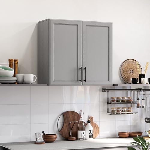 Wall Storage Cabinet with Two Shaker Doors and Shelf, Grey, 24"W, 2 Pcs N34755