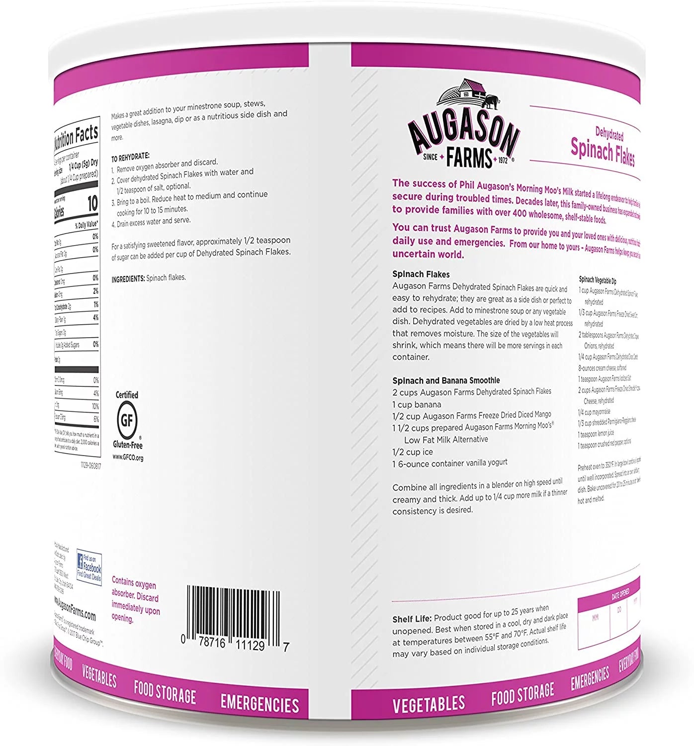 Augason Farms Dehydrated Spinach Flakes 8 oz A90755