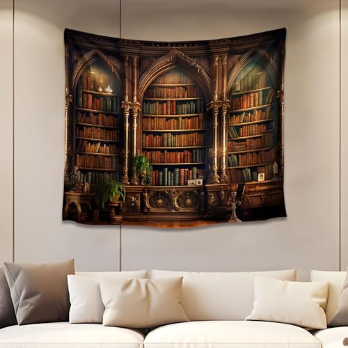 QGHOT Medieval Bookshelf Tapestry Vintage Library Wall Hanging P36533