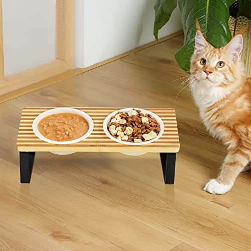 Sunhoo Ceramic Elevated Cat Bowls with Bamboo Stand, Raised Double Dish for Food and Water Z263