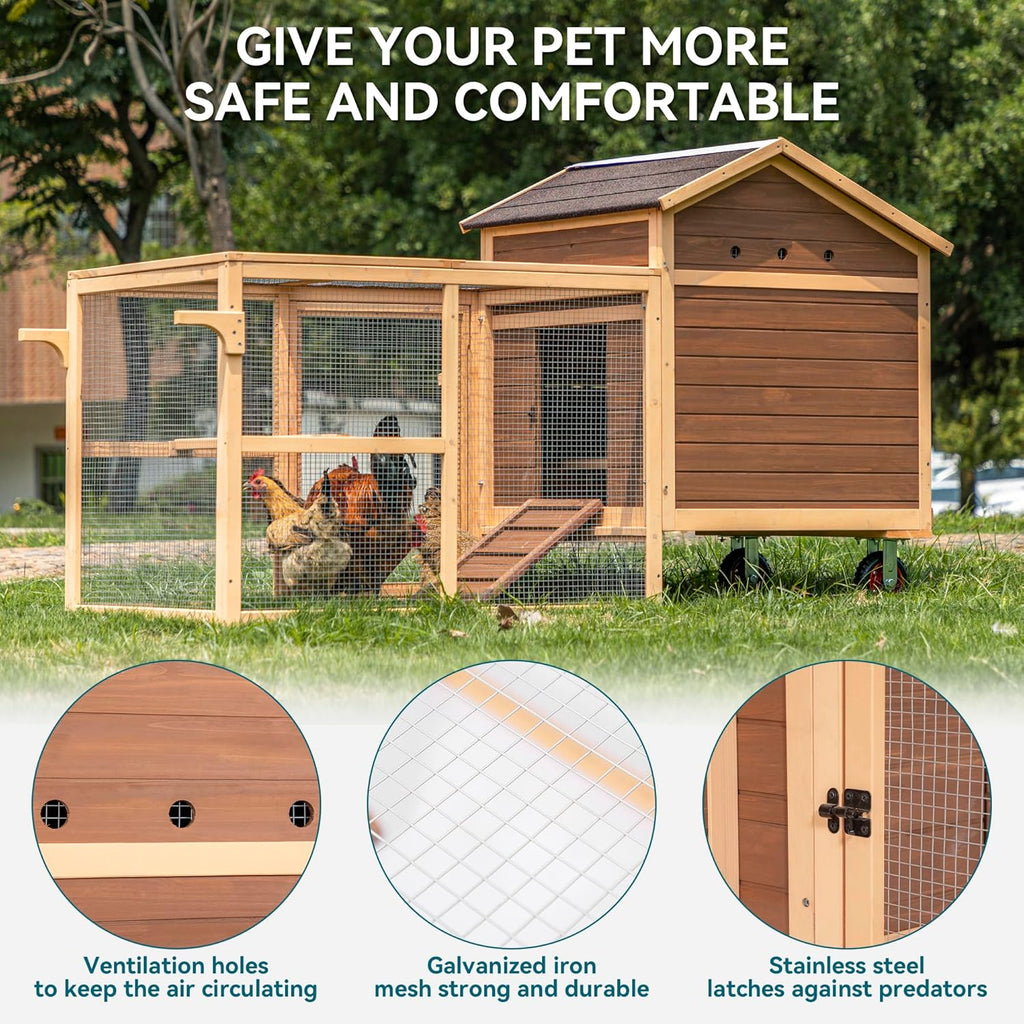 PETSFIT Large Chicken Coop Tractor 81" Hen House for 4-8 Chickens with Nesting Box and Wheels R30358
