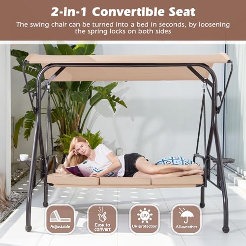 800LBS Patio Swing with Canopy 3 Seat Outdoor Porch Swing with Stand, Cup Holder & Pillow (Green) O887
