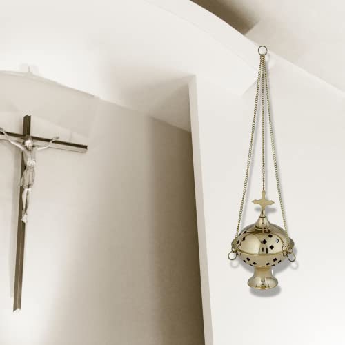 Needzo Brass Hanging Censer Incense Burner with Cross, 12 Inch Chain U677