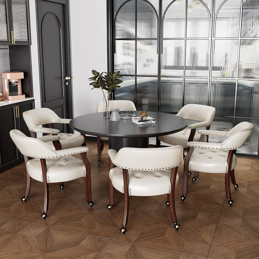 Solid Wood Dining Chairs with Casters and Arms, Cherry Legs & Ivory PU, SY-1533-WT I6969