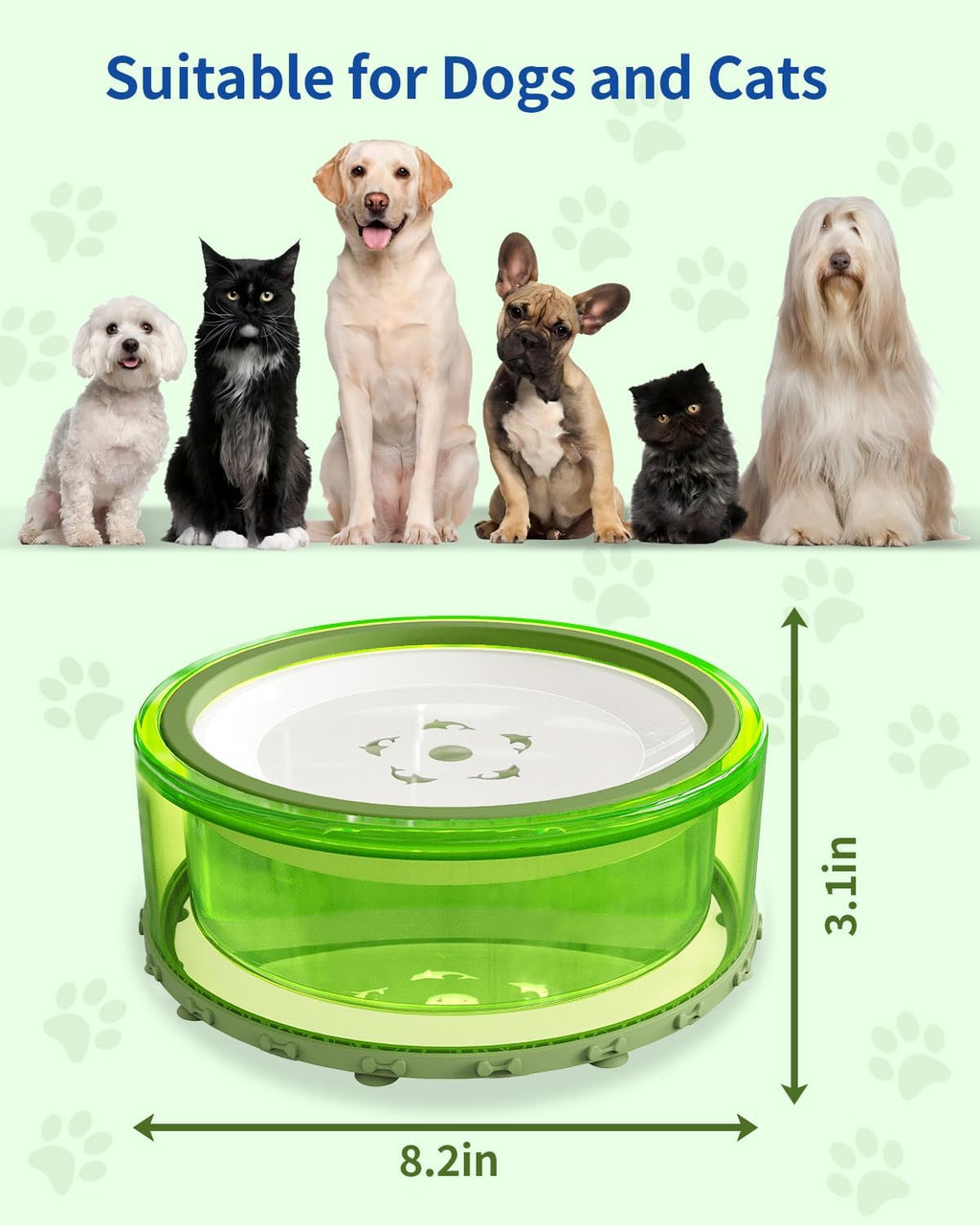 Dog Water Bowl No Spill Slow Feeder Large 2L with Silicone Suction Cup Green V925