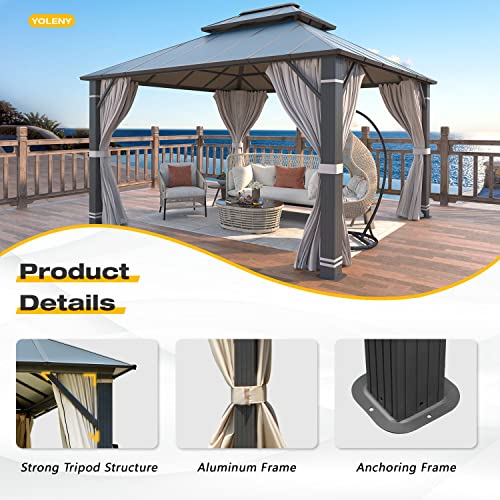 YOLENY 10' x 12' Hardtop Gazebo with Galvanized Steel Double Roof, Netting and Curtains Y84317