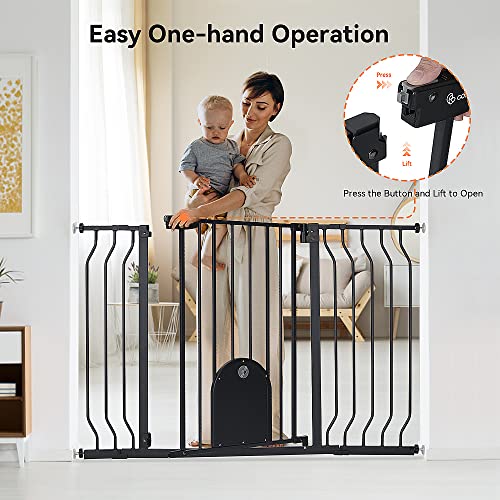 COMOMY Baby Gate with Adjustable Cat Door, Extra Wide Metal, Auto Close, 30" Tall, Black J721954
