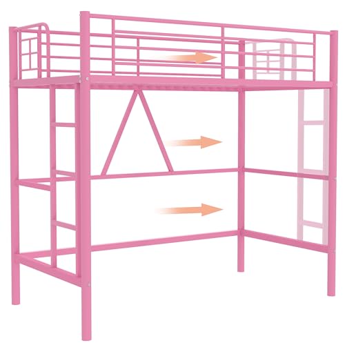 VECELO Loft Bed Twin Size Metal Frame with Ladder and Guardrail, Pink B728246