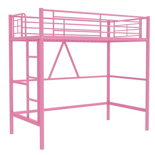 VECELO Loft Bed Twin Size Metal Frame with Ladder and Guardrail, Pink B728246