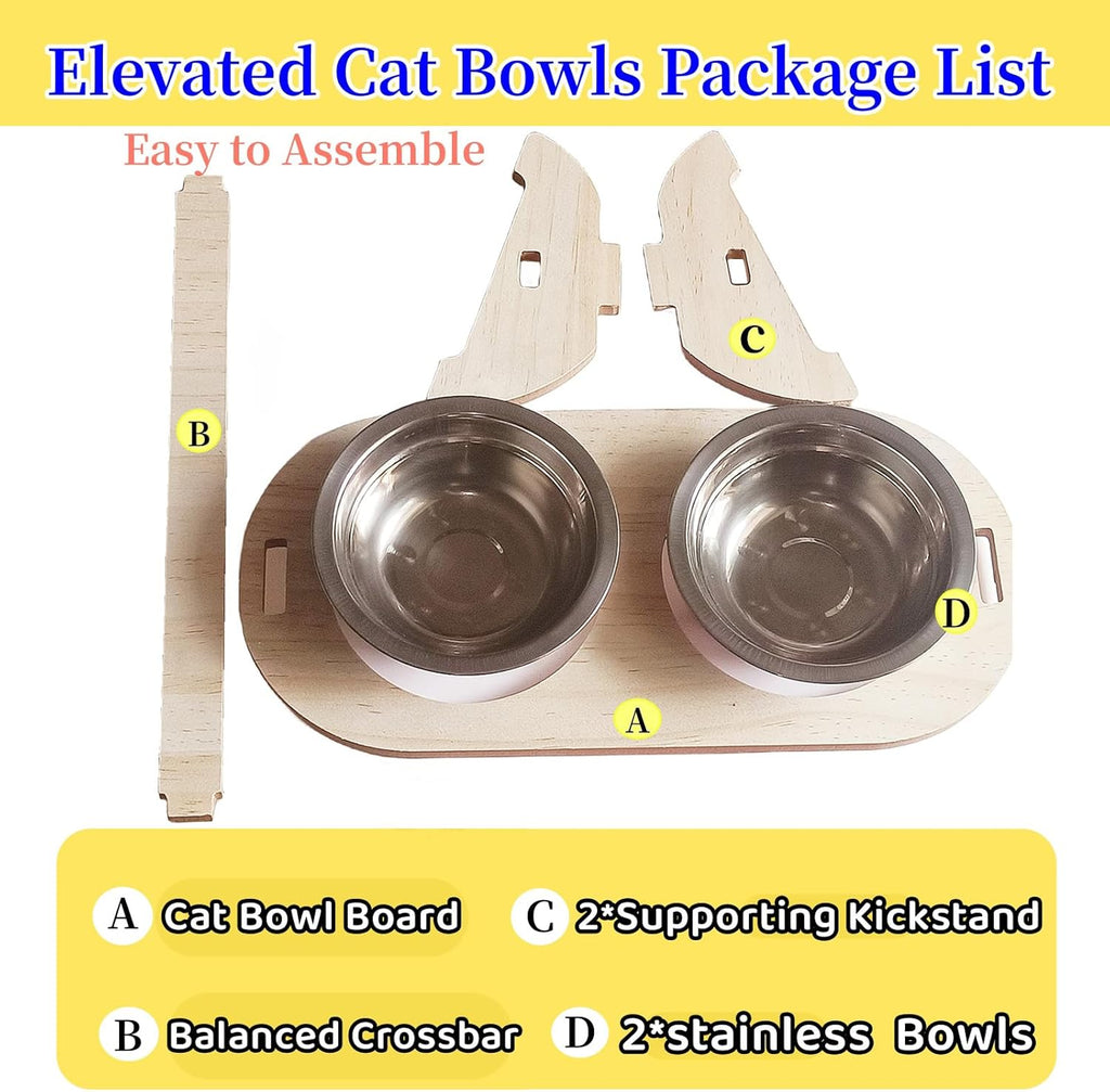 Elevated Cat Bowls with Wood Stand, 15° Tilted Stainless Steel Pet Feeder E85787