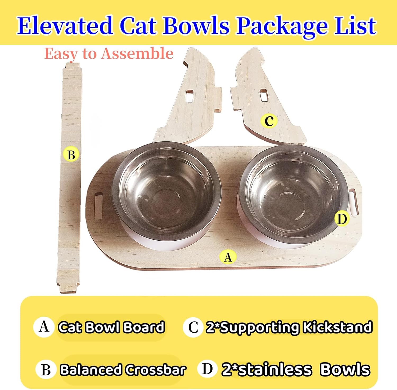 Elevated Cat Bowls with Wood Stand, 15° Tilted Stainless Steel Pet Feeder E85787