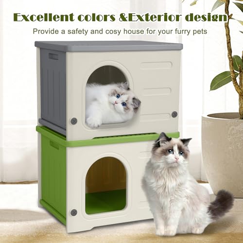 Plastic Cat House for Outdoor Indoor Use, Stackable, Insulated, Waterproof - Green C65779