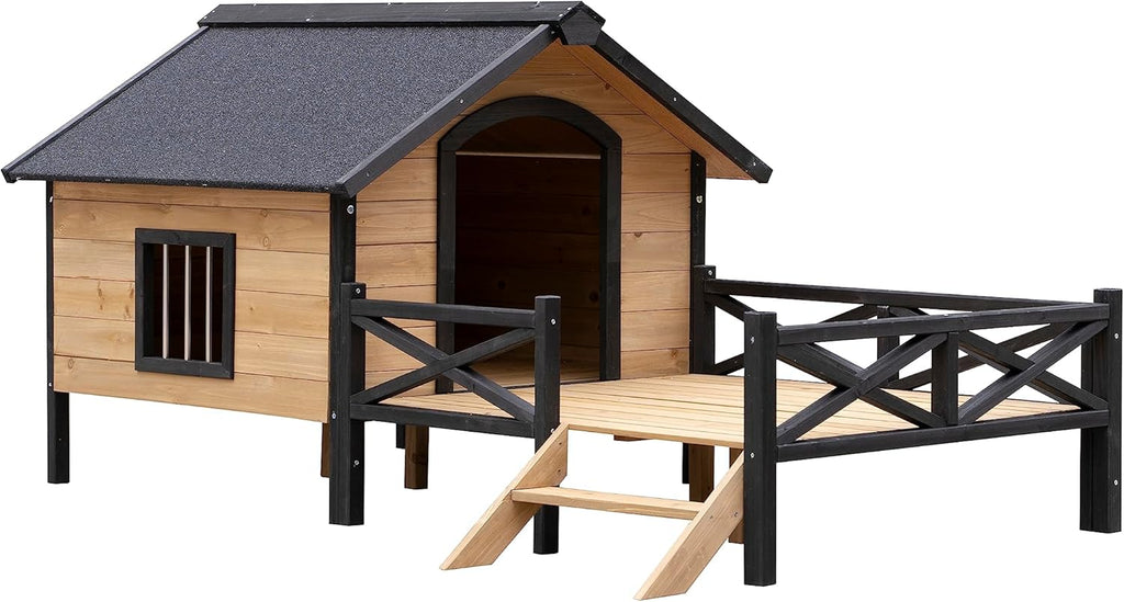Rustic Wooden Dog Kennel with Porch: Outdoor Cabin Style - Easy Assembly, Kiln-Dried Fir Wood, Waterproof Paint - Quality Construction,Graphic Assembly Guide Included