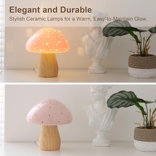 BOHON Mushroom Lamp, Ceramic Bedside Nightstand Light, Pink, LED Bulb Included T88188