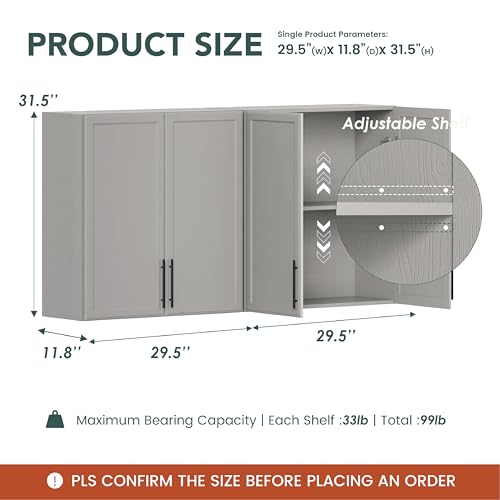 Wall Storage Cabinet with Two Shaker Doors and Shelf, Grey, 24"W, 2 Pcs N34755