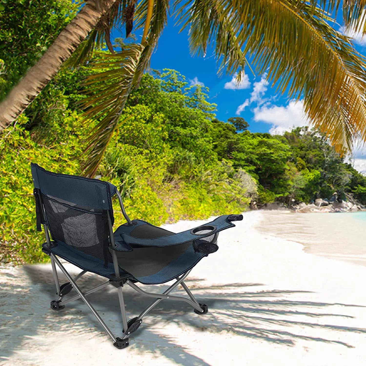 REDCAMP Low Beach Chair with Adjustable Backrest and Cup Holder, Portable Camping Chair, Navy Z4704