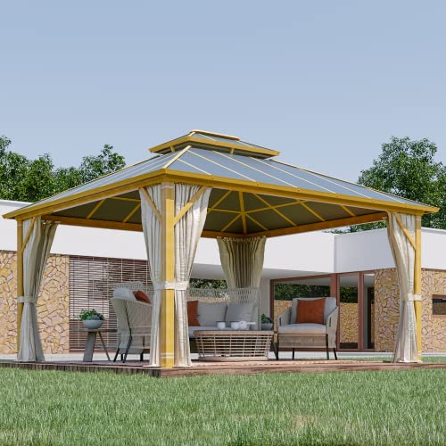 YOLENY 10' x 12' Hardtop Gazebo with Galvanized Steel Double Roof, Netting and Curtains Y84317