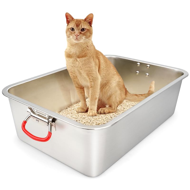 ULIGOTA Stainless Steel Cat Litter Box, (20" x 14" x 6") Large Metal Litter Box for Kitty and Rabbits, No Odor Left & Non Stick Surface, Rust & Stain Resistant, Easy to Clean