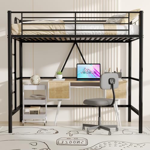 VECELO Loft Bed Twin Size Metal Frame with Ladder and Guardrail, Pink B728246