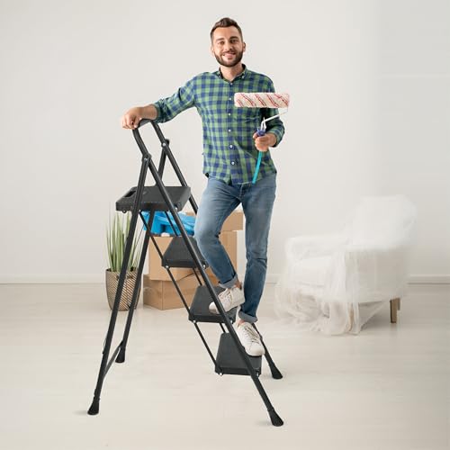 3 Step Ladder, Portable Steel Folding Stool with Anti-Slip Pedal, Black T5115