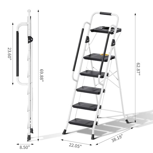 KINGRACK 3 Step Folding Ladder, 800lbs Capacity, Non-Skid Wide Pedals, White W71585