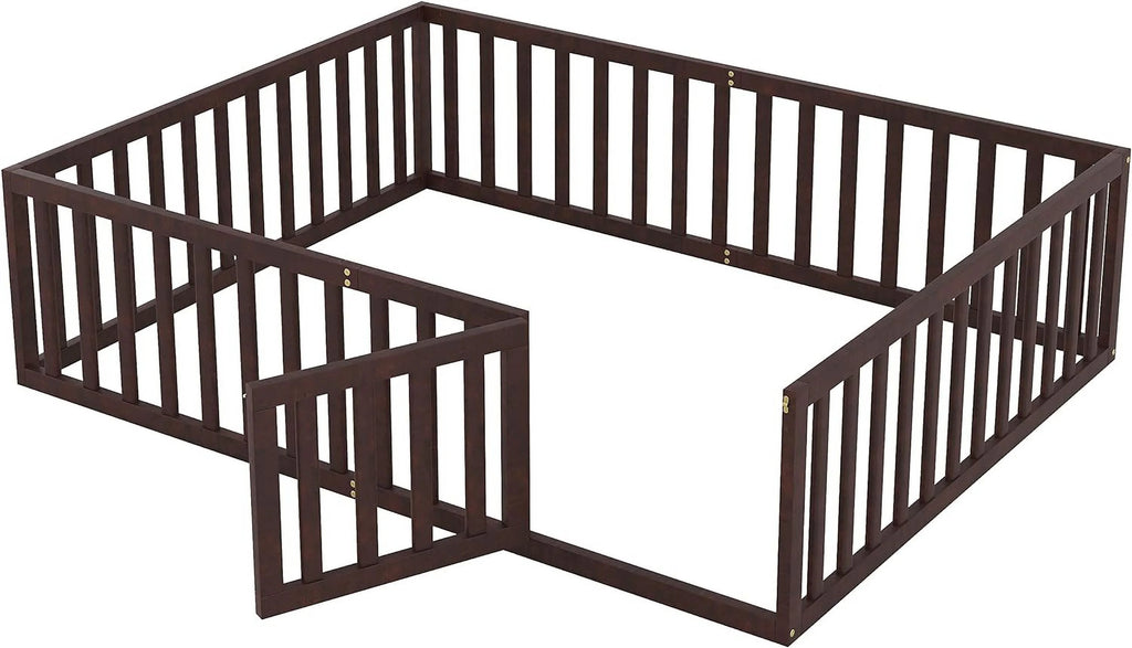 Walnut Queen Montessori Floor Bed with Fence for Kids F162987