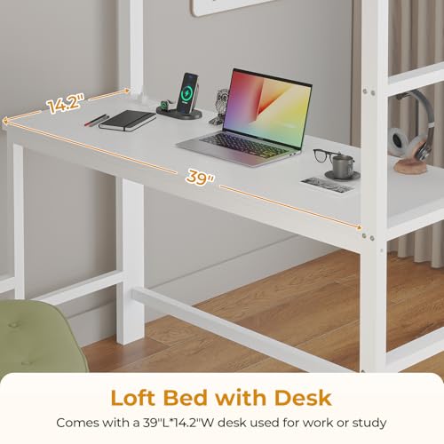 ADORNEVE Twin Size Loft Bed with Desk, LED Lights & Charging Station, White N63088