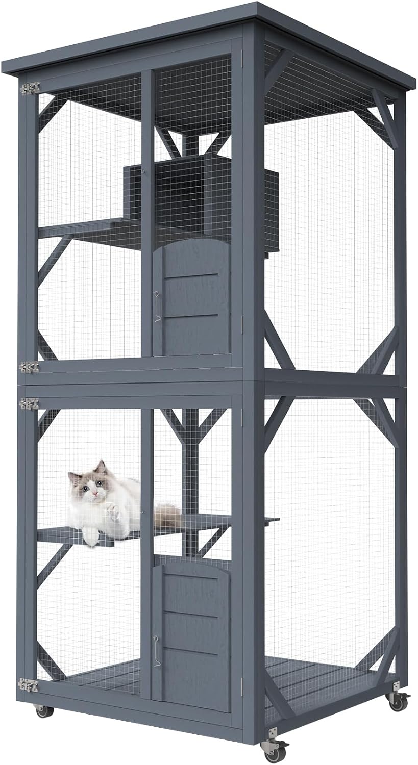 Wooden Catio Outdoor Cat House with Run on Wheels for Multiple Cats Y34890