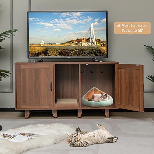 Tangkula Double Cat Litter Box Enclosure Cabinet with Scratching Board, Grey Oak A19110