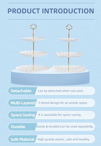 2 Pack 3 Tier Dessert Cupcake Stand, Round & Square Plastic Serving Tray, White X291013
