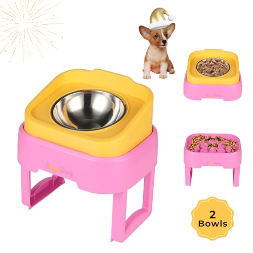 SunDog 2-in-1 Elevated Slow Feeder Dog Bowls – Space Saving, Stacked, Adjustable with Stand - Stainless-Steel Raised Bowls Easy Cleaning – for Small Dogs and Cats