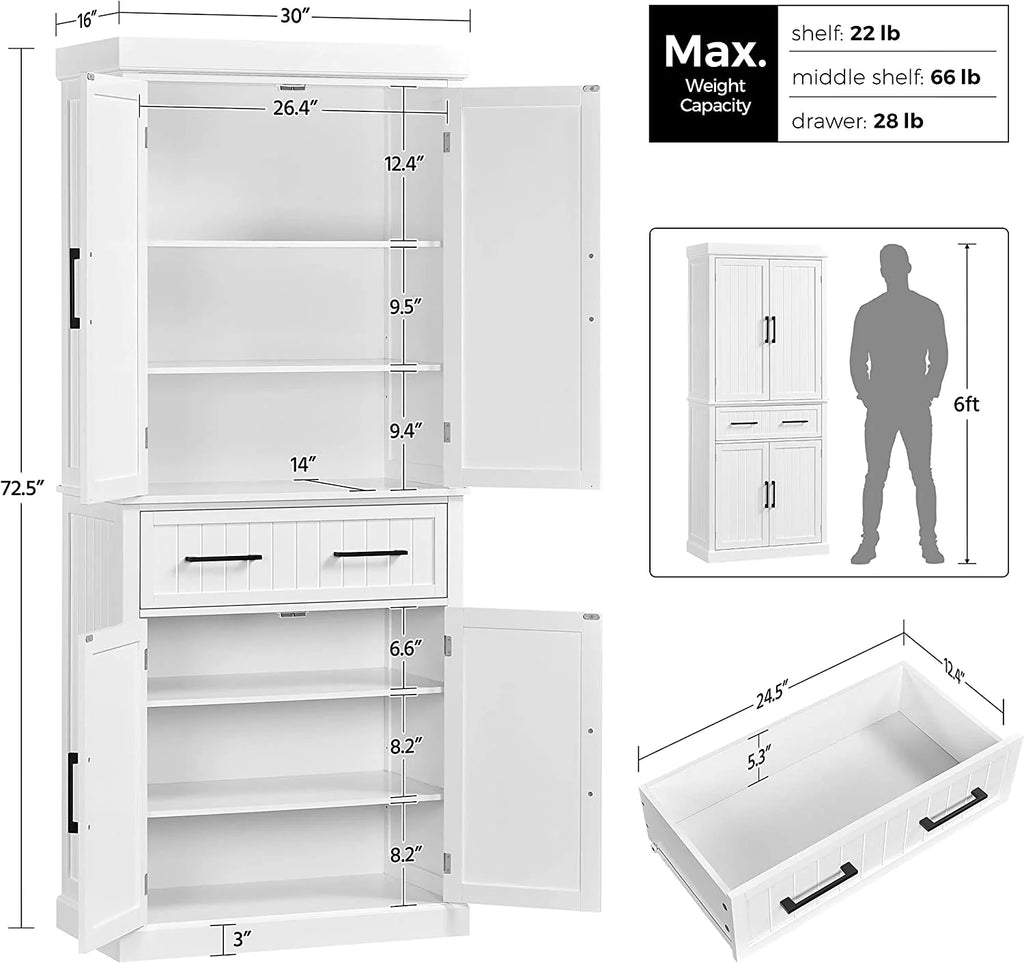 72.5" Kitchen Pantry Storage Cabinet with Drawer, White K580631