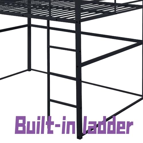 Metal Loft Bed Frame Twin Size with Safety Guard Rails & Built-in Ladder, Black C7852