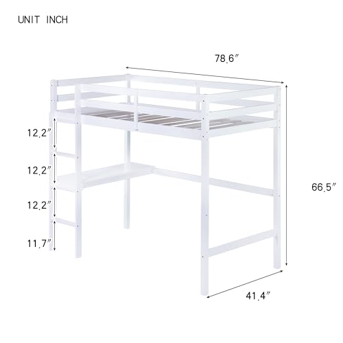 Twin Size Low Loft Bed with Ladder and Safety Guardrail, Solid Wood, White D5235