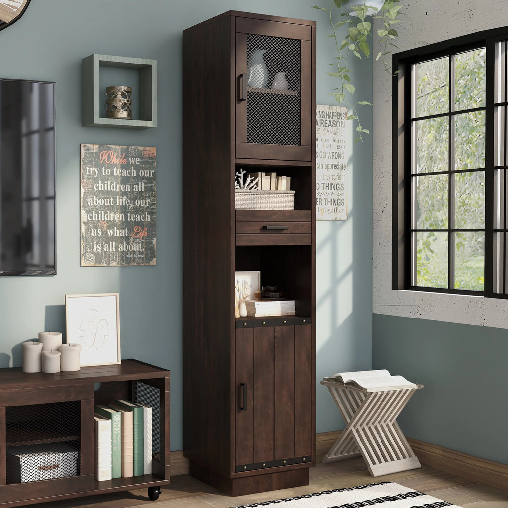 Furniture of America Hury Farmhouse Walnut Multi-Storage TV Tower P477386