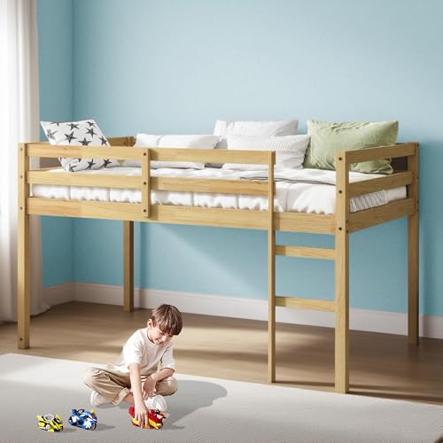 Twin Size Low Loft Bed with Ladder and Safety Guardrail, Solid Wood, White D5235