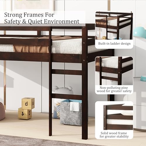 Twin Size Low Loft Bed with Ladder and Safety Guardrail, Solid Wood, White D5235
