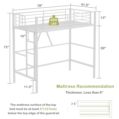 VECELO Loft Bed Twin Size Metal Frame with Ladder and Guardrail, Pink B728246