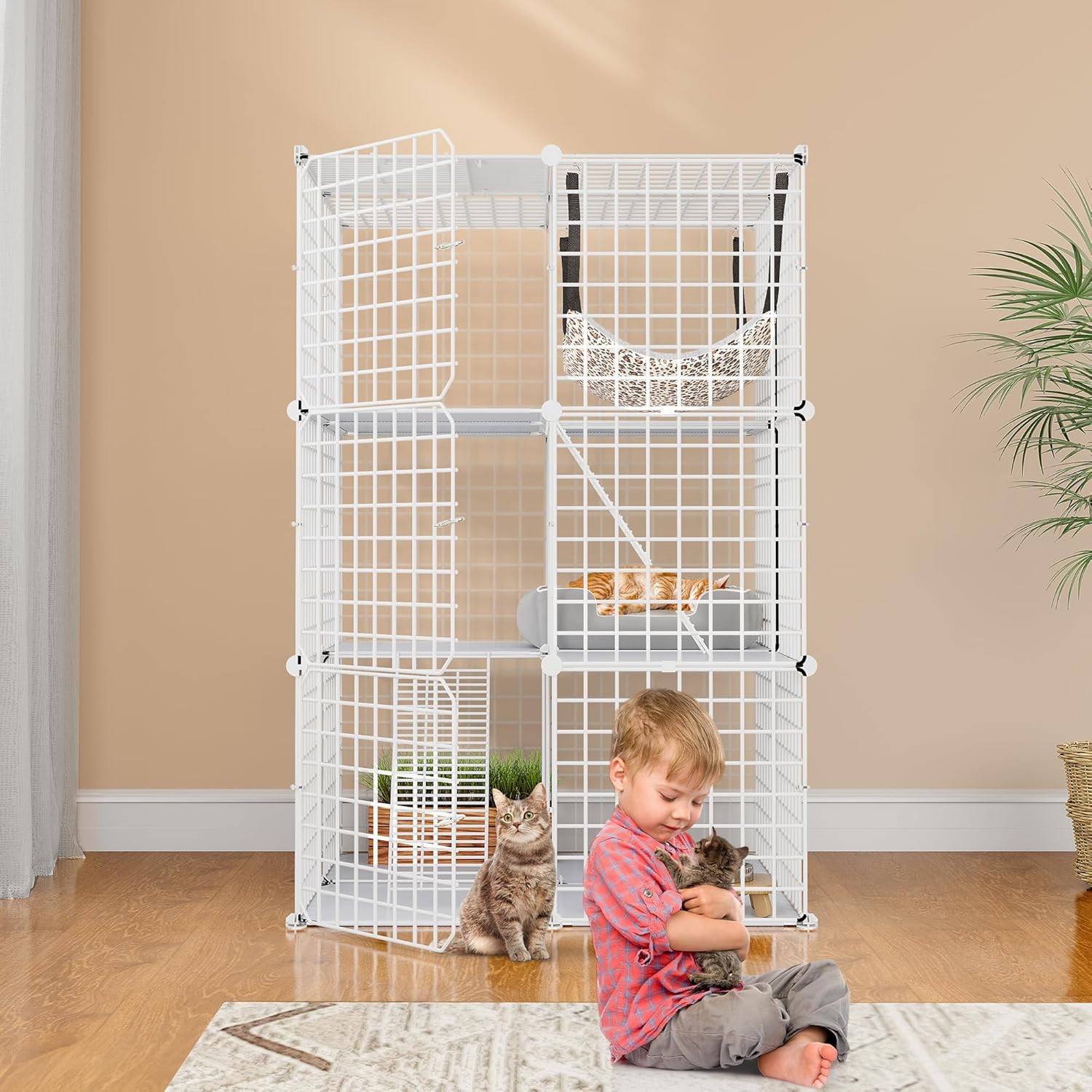 YITAHOME Cat Cage Indoor Catio DIY Metal Cat Playpen 3-Tiers with Hammock H62428
