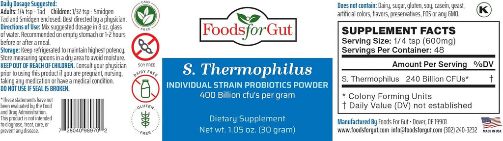 Gut Streptococcus Thermophilus Probiotic Powder 400 Billion CFU, 30 Gram R93110