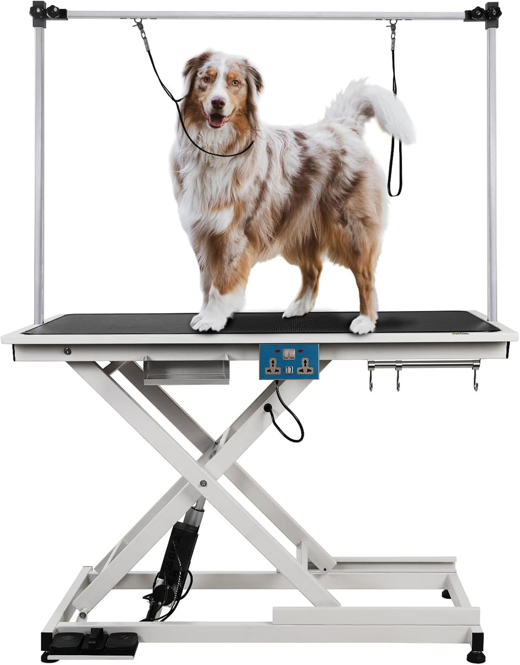 Electric Lift Pet Dog Grooming Table Hydraulic Grooming Table with Adjustable H-Shape Arms and Protective Feet, Heavy Duty Height Adjustable with Overhead Arm, Clamps, and Two Grooming Nooses