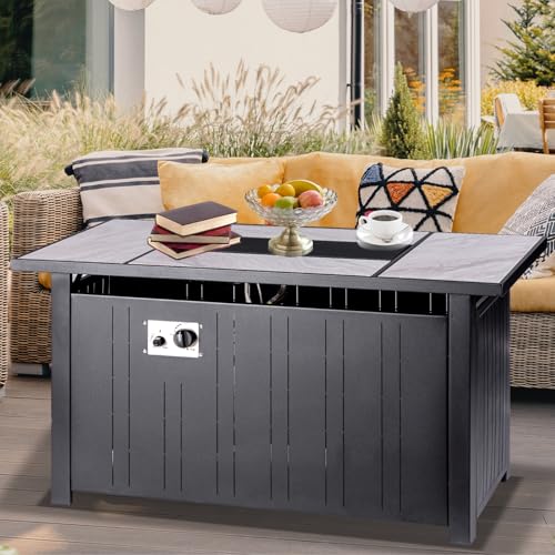 30" Propane Fire Pit Table with Ceramic Top, 50000 BTU, Outdoor Gas Firepit with Lid & Glass Rock Y964