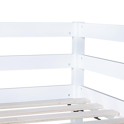 Twin Size Low Loft Bed with Ladder and Safety Guardrail, Solid Wood, White D5235