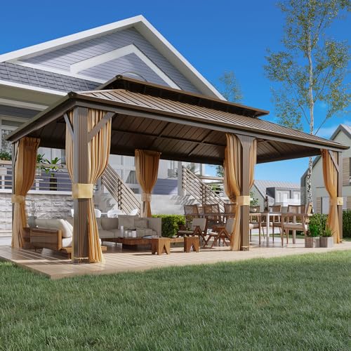 YOLENY 10' x 12' Hardtop Gazebo with Galvanized Steel Double Roof, Netting and Curtains Y84317