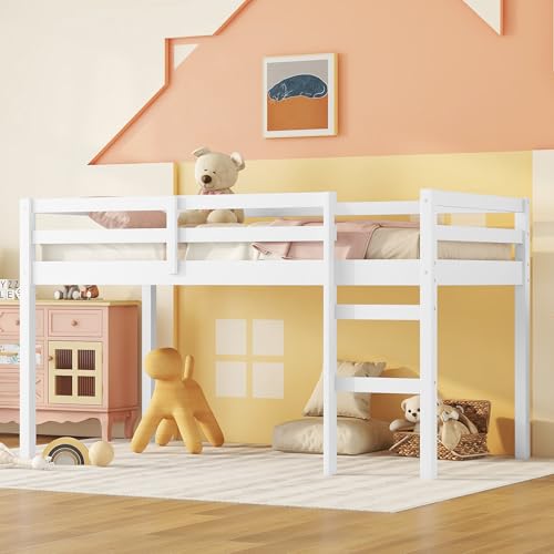 Twin Size Low Loft Bed with Ladder and Safety Guardrail, Solid Wood, White D5235